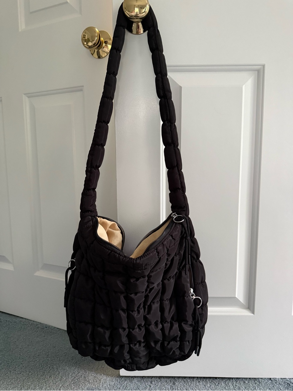 Quilted Black Shoulder Bag - Lightweight Puffer Style
